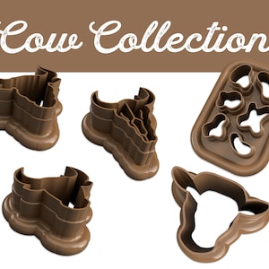 May include: A set of five brown plastic cookie cutters shaped like cows. The cutters are arranged on a white background. The text "Cow Collection" is written in brown at the top of the image.