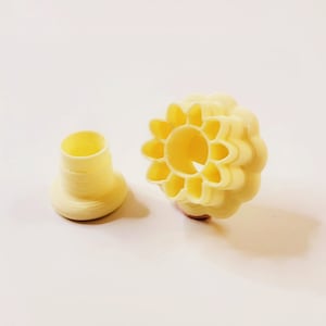 Puede incluir: Dos piezas de pasta sin cocinar, una con forma de flor con un agujero en el centro y la otra con forma de taza pequeña. Ambas son de color amarillo pálido.