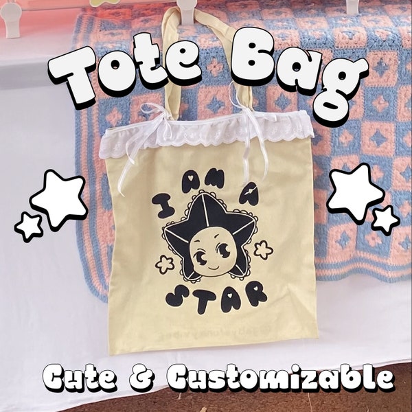 TOTE BAG I am a Star Starfish Kewpie - Handmade Heat Press on Vinyl, Cotton, Lace and Ribbon Bag, Holiday Gift