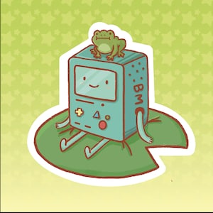 May include: A teal, square-shaped character with a smiling face, arms, and legs, sitting on a green lily pad. A green frog sits on top of the character. The background is light green with white star shapes.