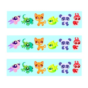 Puede incluir: Tres filas de ilustraciones de animales de dibujos animados sobre un fondo azul claro. Los animales incluyen una criatura alada rosa, un lagarto verde, un gato naranja, un pez amarillo, un panda y una mariquita roja.