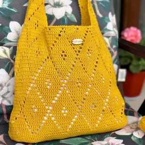 Handmade Crochet Beach Tote: Yellow Lace Shopper Bag
