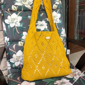 Handmade Crochet Cotton Tote Bag: Mustard Yellow Boho Market Bag