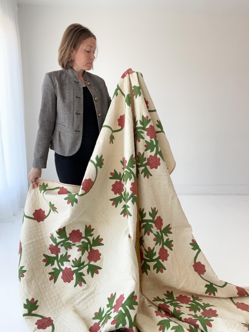 1850s Applique Quilt: (92 x 93.5 inches) Dated Hand Stitched Antique Quilt image 7