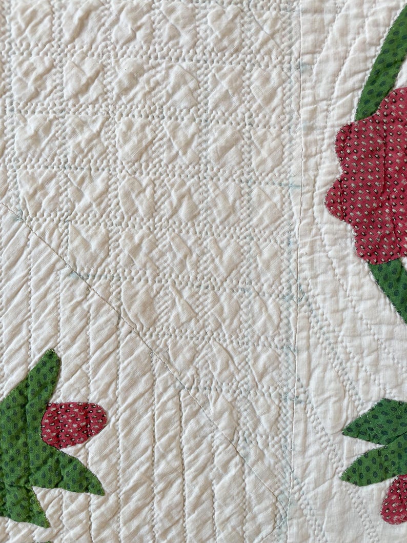 1850s Applique Quilt: (92 x 93.5 inches) Dated Hand Stitched Antique Quilt image 11