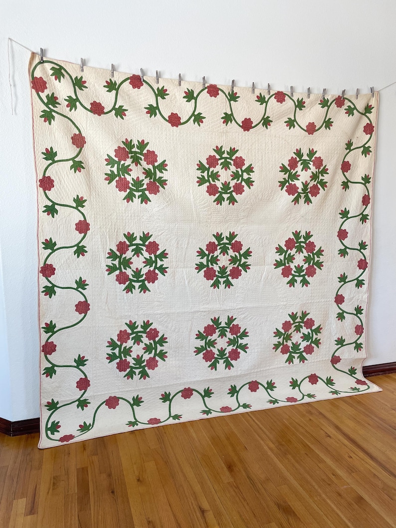 1850s Applique Quilt: (92 x 93.5 inches) Dated Hand Stitched Antique Quilt image 2
