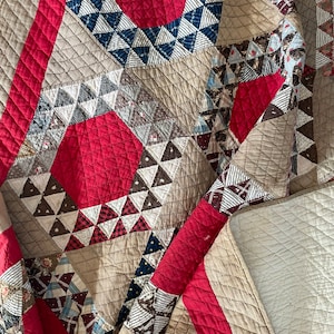 Antique Turkey Red Hexagon Quilt - Handstitched Antique Quilt - Primitive Quilt
