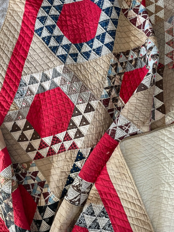 Antique Turkey Red Hexagon Quilt: Handstitched Primitive Calico