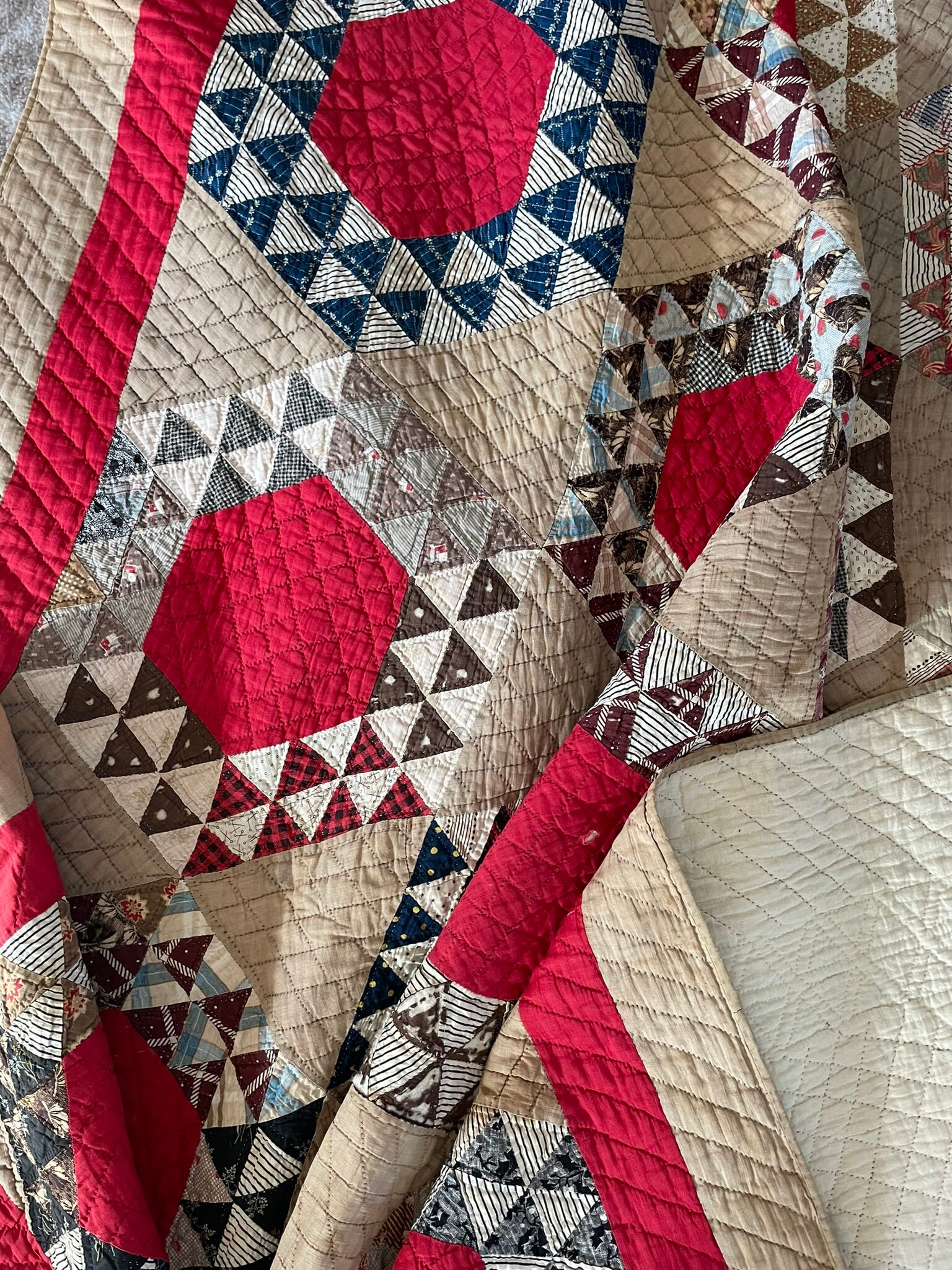 Antique Turkey Red Hexagon Quilt: Handstitched Primitive Calico  display picture 1