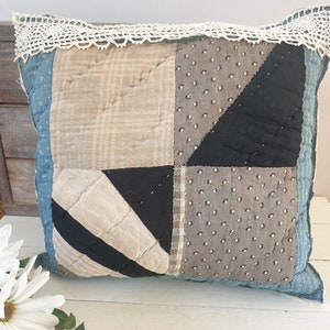 Antique Quilt Pillow: Handstitched Upcycled Textile, Primitive Decor