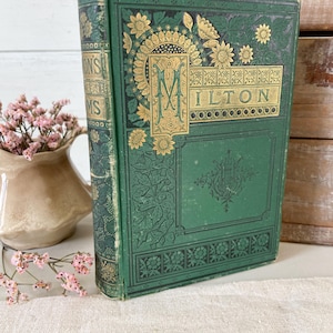 1883 Poetical Works by John Milton - Green and Gold Antique Book