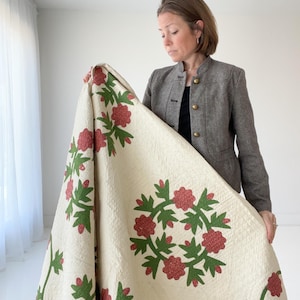 1850s Applique Quilt: (92 x 93.5 inches) Dated Hand Stitched Antique Quilt image 1