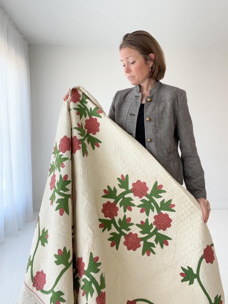 1850s Applique Quilt: (92 x 93.5 inches) Dated Hand Stitched Antique Quilt image 1