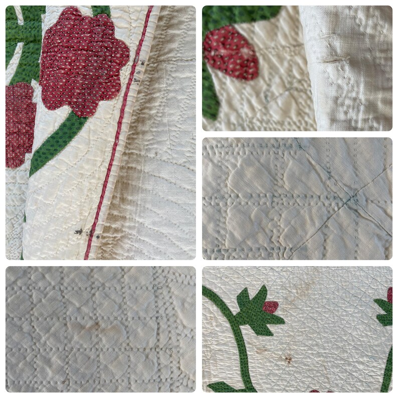 1850s Applique Quilt: (92 x 93.5 inches) Dated Hand Stitched Antique Quilt image 14