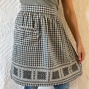 Handmade Vintage Half Apron - Cross-Stitched Apron - Country Kitchen - Gingham Black and White Apron