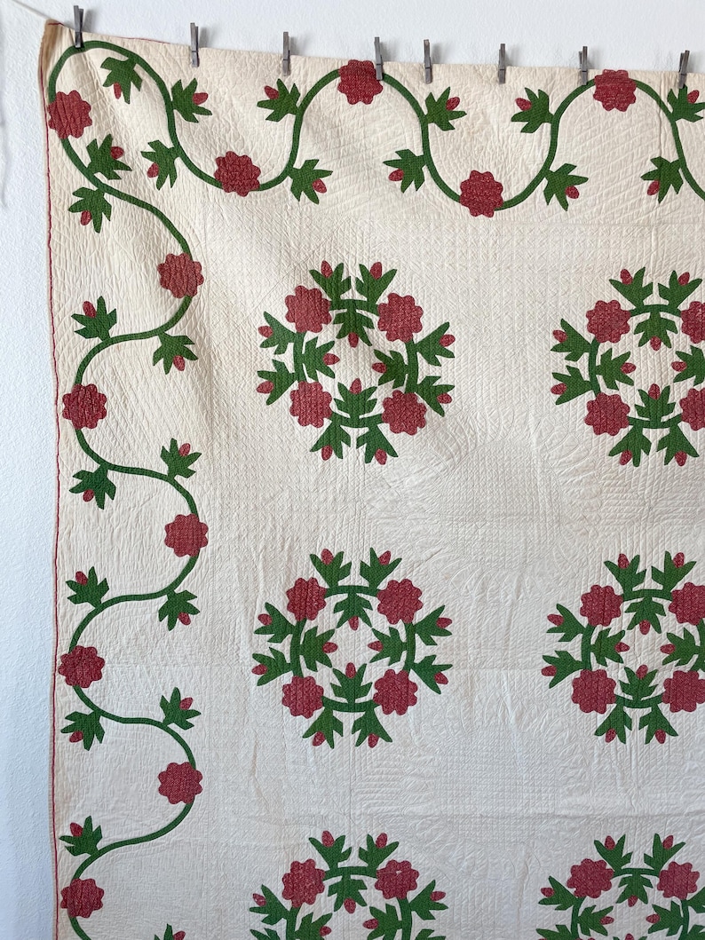 1850s Applique Quilt: (92 x 93.5 inches) Dated Hand Stitched Antique Quilt image 8