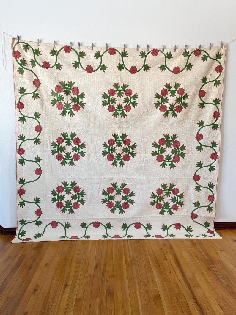 1850s Applique Quilt: (92 x 93.5 inches) Dated Hand Stitched Antique Quilt image 5