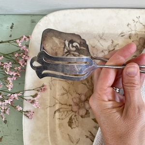 May include: A vintage silver-toned serving utensil with a decorative floral design. The utensil is held over a floral patterned tray. Pink flowers are in the background.
