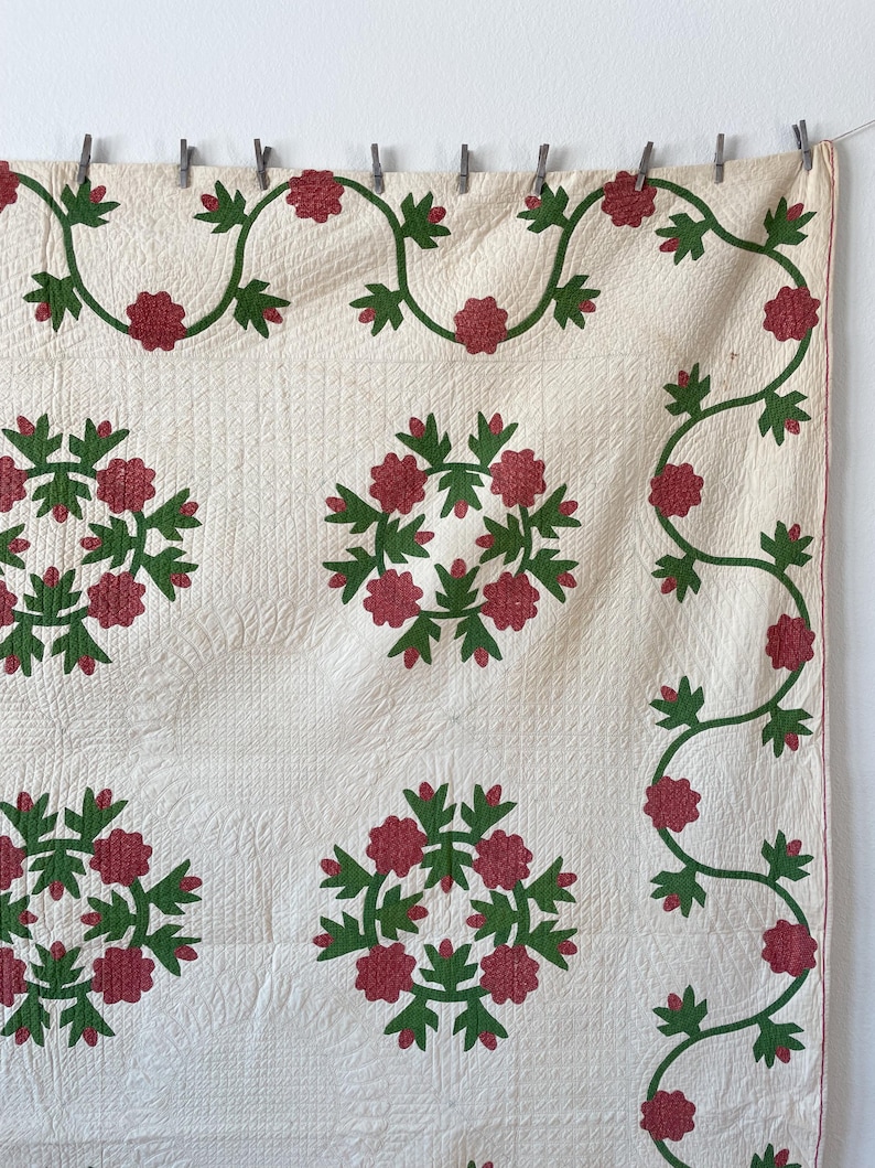 1850s Applique Quilt: (92 x 93.5 inches) Dated Hand Stitched Antique Quilt image 4