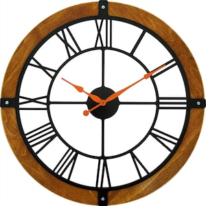 24” Large Wooden Wall Clock| Contemporary Black Roman Numerals, Orange Hands andSee ThroughDesign |Handcrafted Clock for Living Room Art