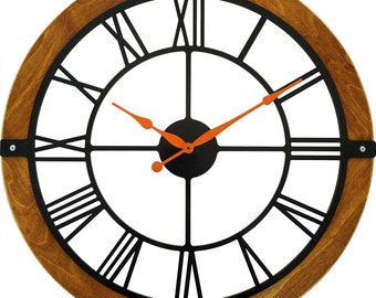 24” Handmade Wooden Wall Clock: Black Roman Numerals, Orange Hands