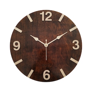 May include: A brown wooden wall clock with white numbers and hands. The clock face has a wood grain pattern and the numbers are in a simple font. The clock is round and has a diameter of approximately 12 inches.