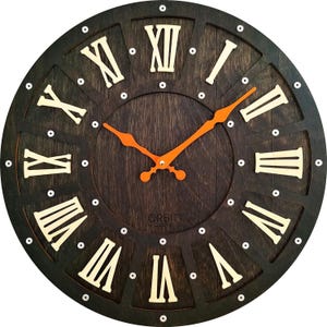 Handmade Dark Brown Wooden Wall Clock: Vintage Paris Roman Numerals (16 inch)