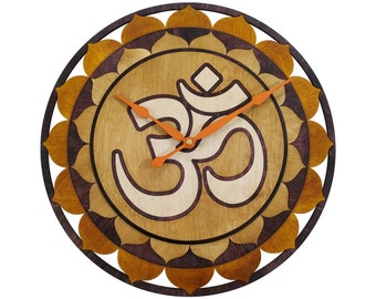 Handcrafted Om Wooden Wall Clock: Yoga Studio Decor, 16" Flower Design