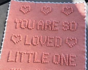 Hand Crocheted Gorgeous large Baby Blanket. Light pink & sky blue  with “you are so loved little one”.  Baby shower gift. New baby gift
