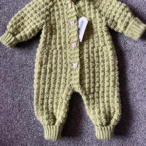 Puede incluir: Un pelele de ganchillo de manga larga en color verde claro con un patr&oacute;n texturizado de puntos de burbuja, pu&ntilde;os acanalados en mu&ntilde;ecas y tobillos, y cierre frontal con cuatro botones peque&ntilde;os en forma de oso y una etiqueta de papel blanca.