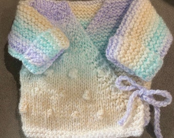 Hand knitted newborn baby kimono jacket/cardigan. Beautiful pastel rainbow/ natural, bright Rainbow or purple colours Matching hat available