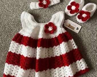Gorgeous hand crocheted baby dresses/sets size 0-6 months baby cardigan 0-3 months. Xmas baby dress outfit.