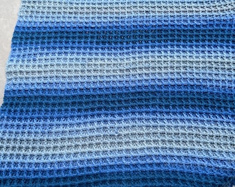 Hand Crocheted Large Baby Blanket. Made with with acrylic/wool blend so very cosy. Blue ombré colours