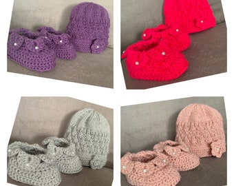 Beautiful handmade newborn knitted baby hat & crocheted baby booties.
