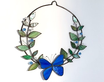 Stained Glass Butterfly Wreath Home Decoration Gift Home Decor Panel  - Handmade Glass Plant Suncatcher - Hanging flowers gift for women