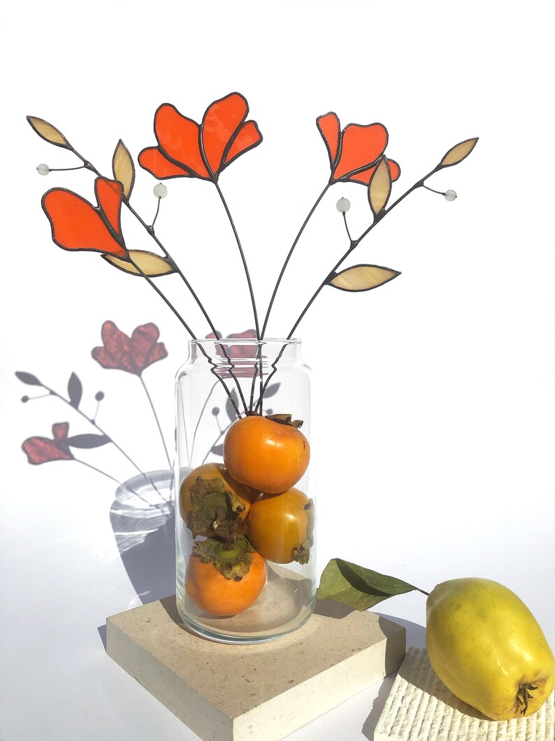 Everlasting Stained Glass Bouquet 5 Stems Plant Vase Arrangement Nature Ornament Flower Suncatcher Stems Plant Stake Leaves image 2