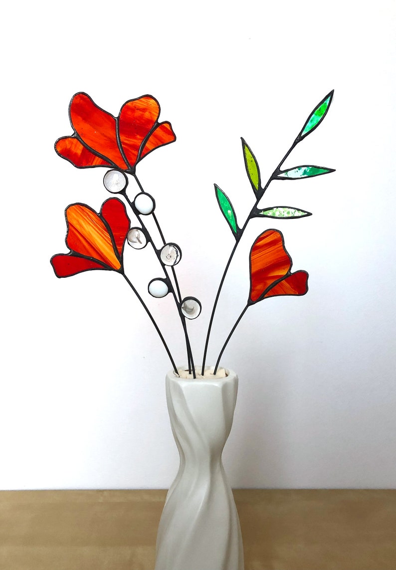 Stained Glass Wild Flower Bouquet Gift for Her Table Decor Everlasting 5 Stems Flower Arrangement Glass Art Flower Suncatcher Stems image 2