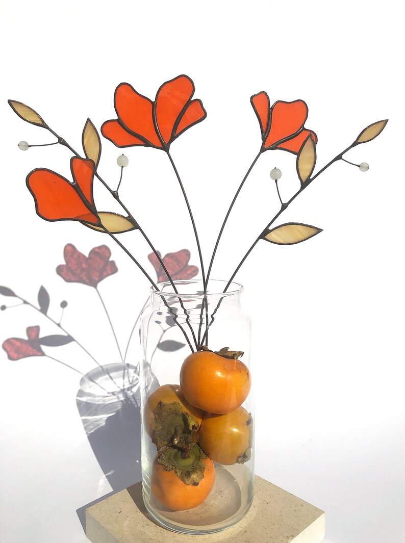 Everlasting Stained Glass Bouquet 5 Stems Plant Vase Arrangement Nature Ornament Flower Suncatcher Stems Plant Stake Leaves image 3