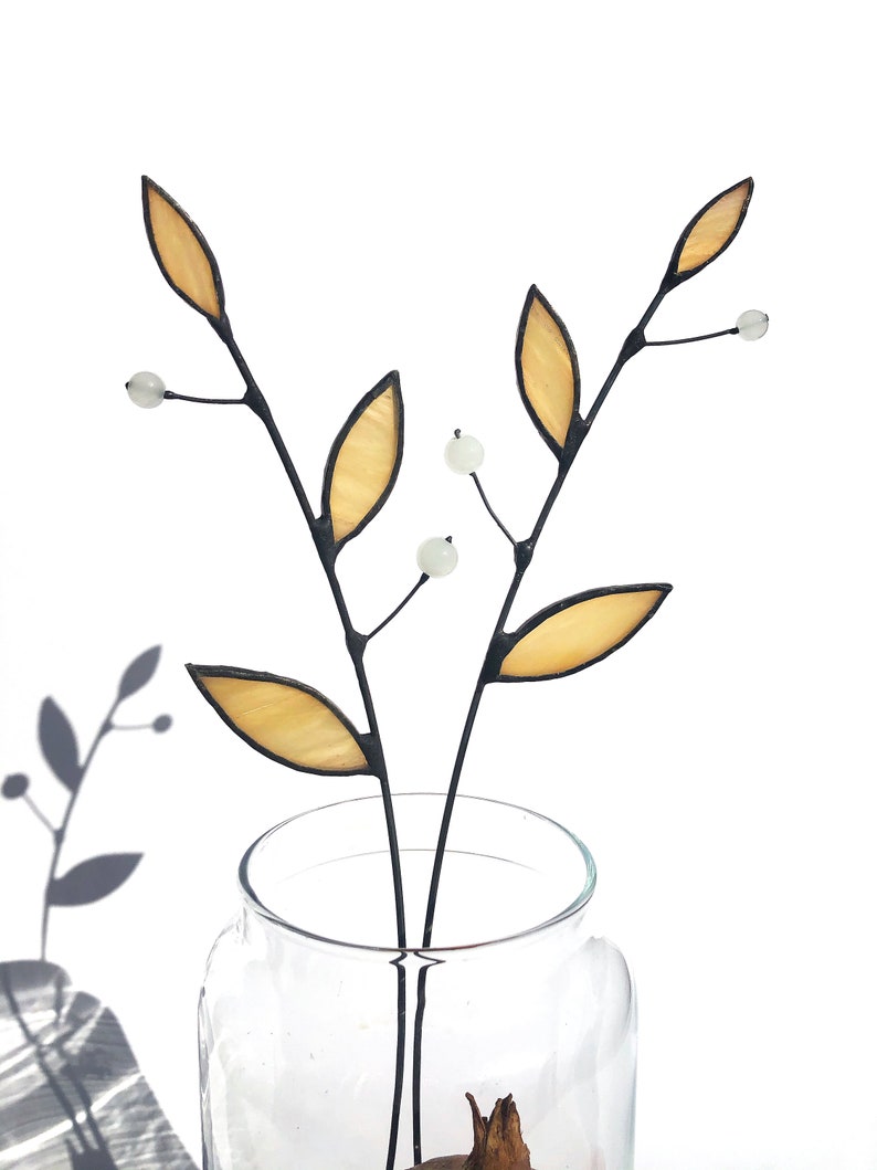 Everlasting Stained Glass Bouquet 5 Stems Plant Vase Arrangement Nature Ornament Flower Suncatcher Stems Plant Stake Leaves image 8