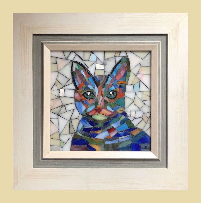 Image showcasing Stained Glass Mosaic Blue Cat Wall Art Apartment Decor Deco Handmade ...