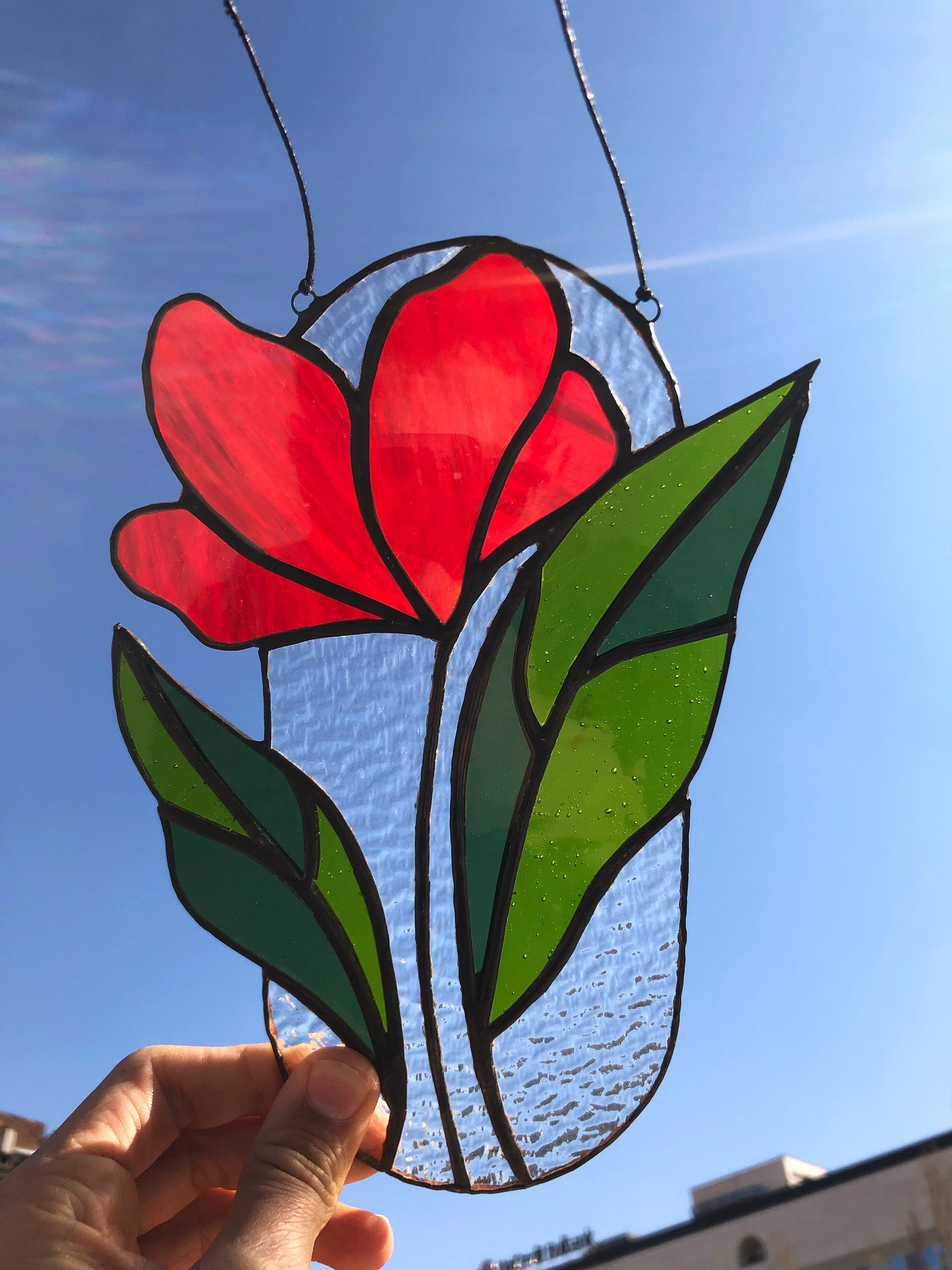 Red Flower Stained Glass Window Hangings Mothers Day Gifts Etsy