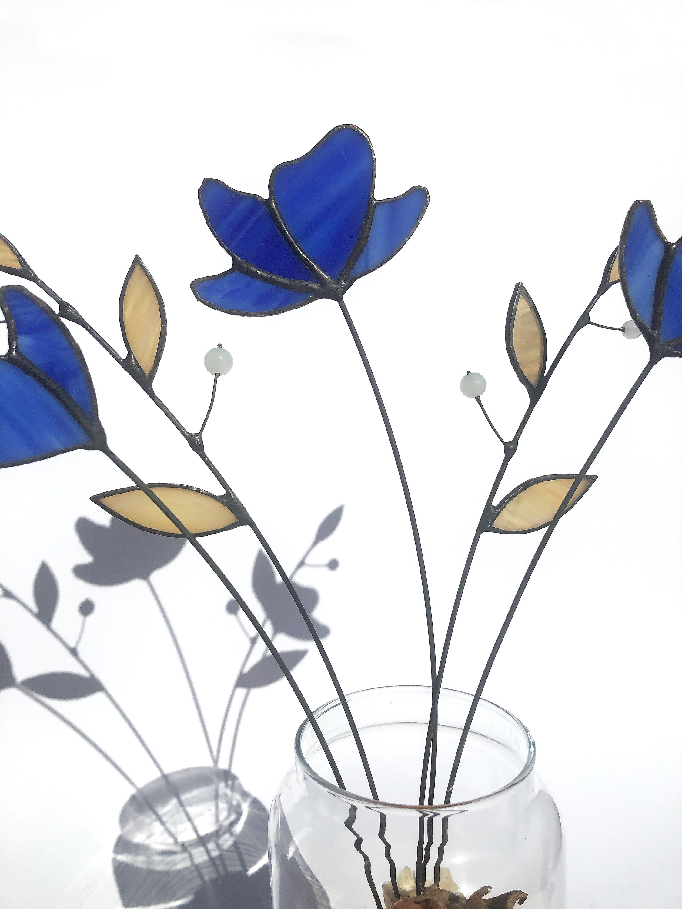 3D Stained Glass Blue Flower Bouquet Gift for Her Table Decor Glass