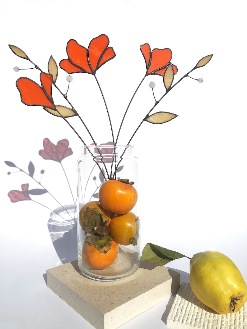 Everlasting Stained Glass Bouquet 5 Stems Plant Vase Arrangement Nature Ornament Flower Suncatcher Stems Plant Stake Leaves 5 stems