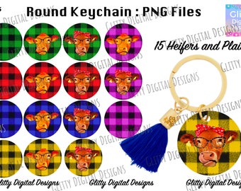 May include: A set of 15 round keychains featuring a cow wearing glasses and a red bandana on a plaid background. The keychains are in various plaid colors, including green, red, blue, yellow, and purple. The keychains are arranged in a grid pattern. The text "15 Heifers and Plaids" is written in white letters on a black background. The text "Glitty Digital Designs" is written in white letters on a black background.