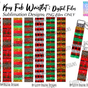 XMAS Key Fob Wristlet Sublimation Designs, Plaid Leopard Glitter Red Green Gold Silver Christmas Key Fob, 7 PNG Files , Key Chain Files