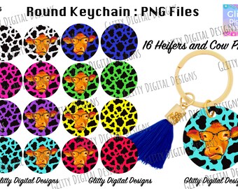 May include: A set of 16 round cow print keychains with a cow wearing glasses. The keychains are in various colors, including pink, blue, green, yellow, and red. The keychains are perfect for adding a touch of whimsy to your keys or bag.