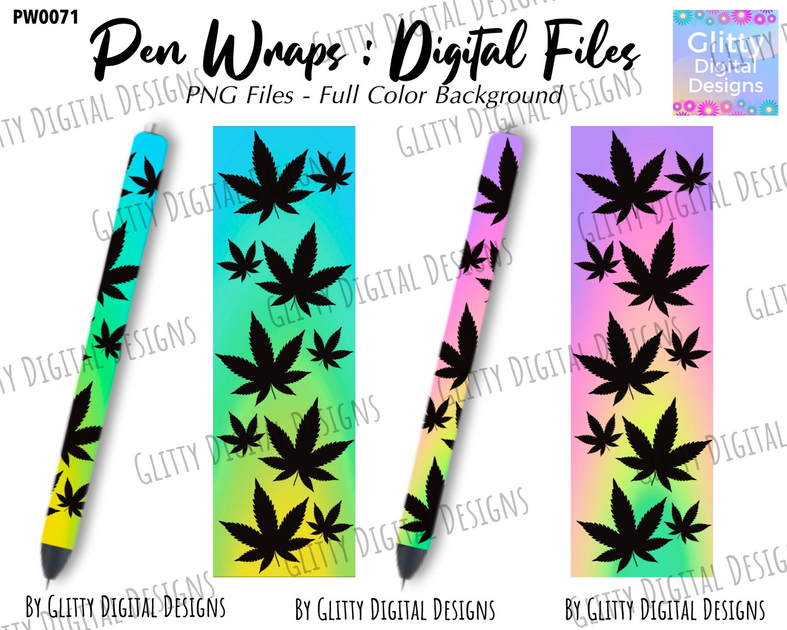 Cannabis Pen Wraps , Summer Vibes Pastel Marijuana Leaf Pen Decals