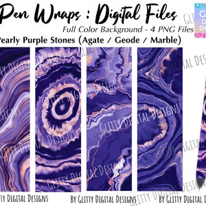 Könnte beinhalten: Digitales Stift-Wrap-Design mit einem perlmuttartigen, violetten Achat-, Geoden- oder Marmormuster mit goldenen Akzenten. Das Design ist als Satz von vier PNG-Dateien verfügbar. "Pen Wraps: Digital Files" und "Pearly Purple Stones (Agate / Geode / Marble)" sind im Bild geschrieben.