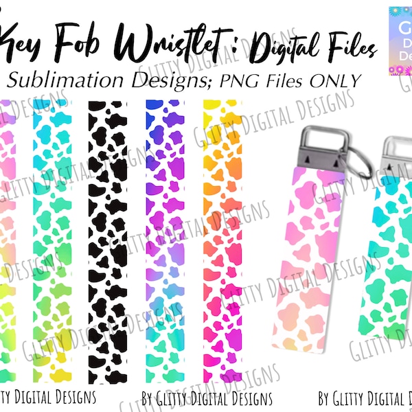 Cow Prints Key Fob Wristlet Sublimation Designs, 5 Rainbow Neon Black Animal Prints , 5 PNG Files , Key Chain Files , Instant Download