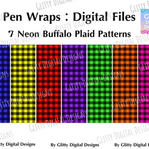 May include: Seven digital patterns of neon buffalo plaid in blue, yellow, red, purple, green, orange, and pink. The patterns are for pen wraps and are labeled "Pen Wraps: Digital Files 7 Neon Buffalo Plaid Patterns".